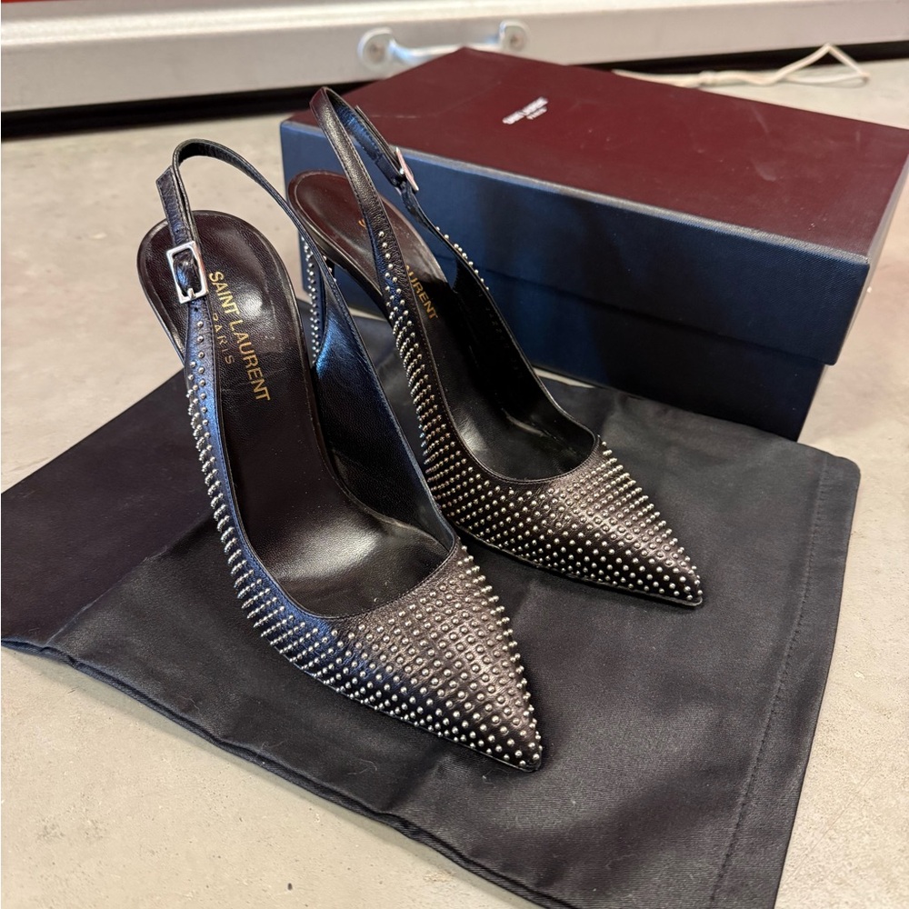 Saint Laurent Black Studded Women's Slingback Heels
